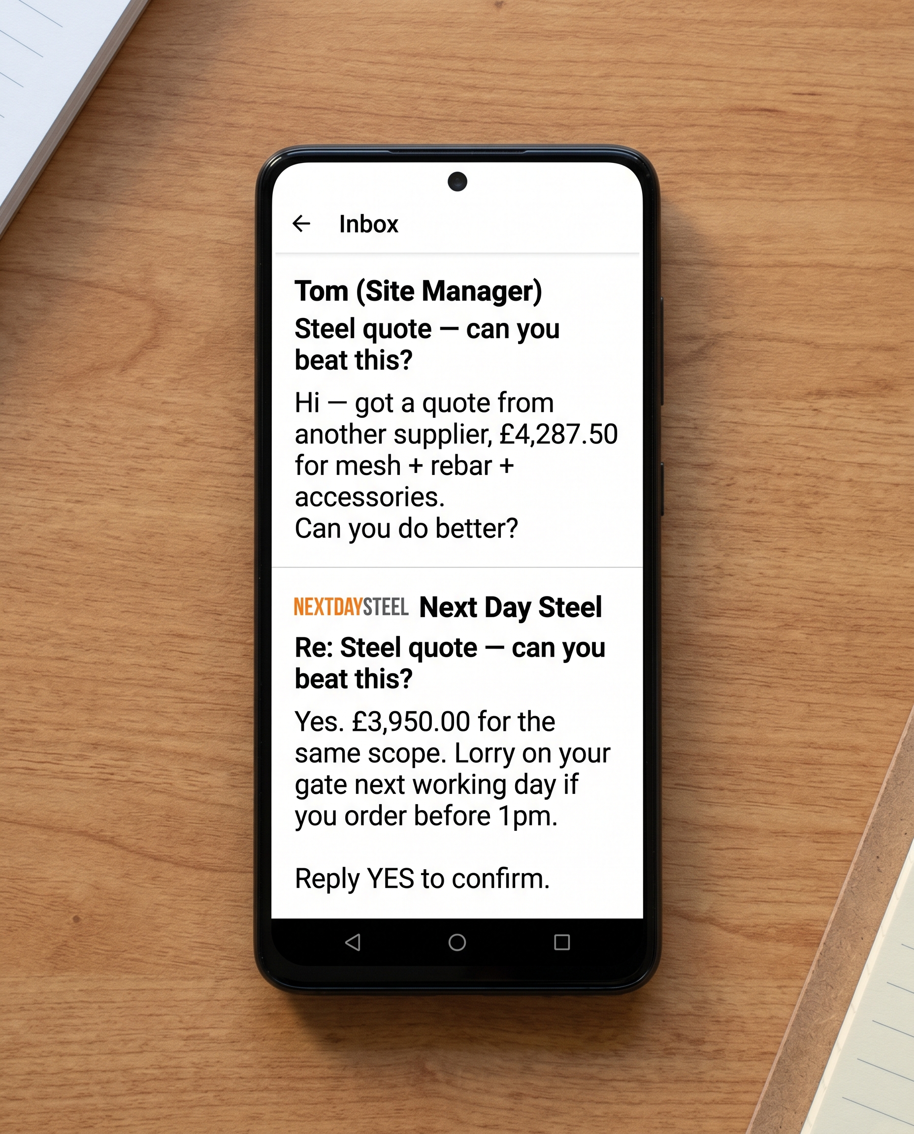 Slide 4 — Phone email thread, customer → NDS reply