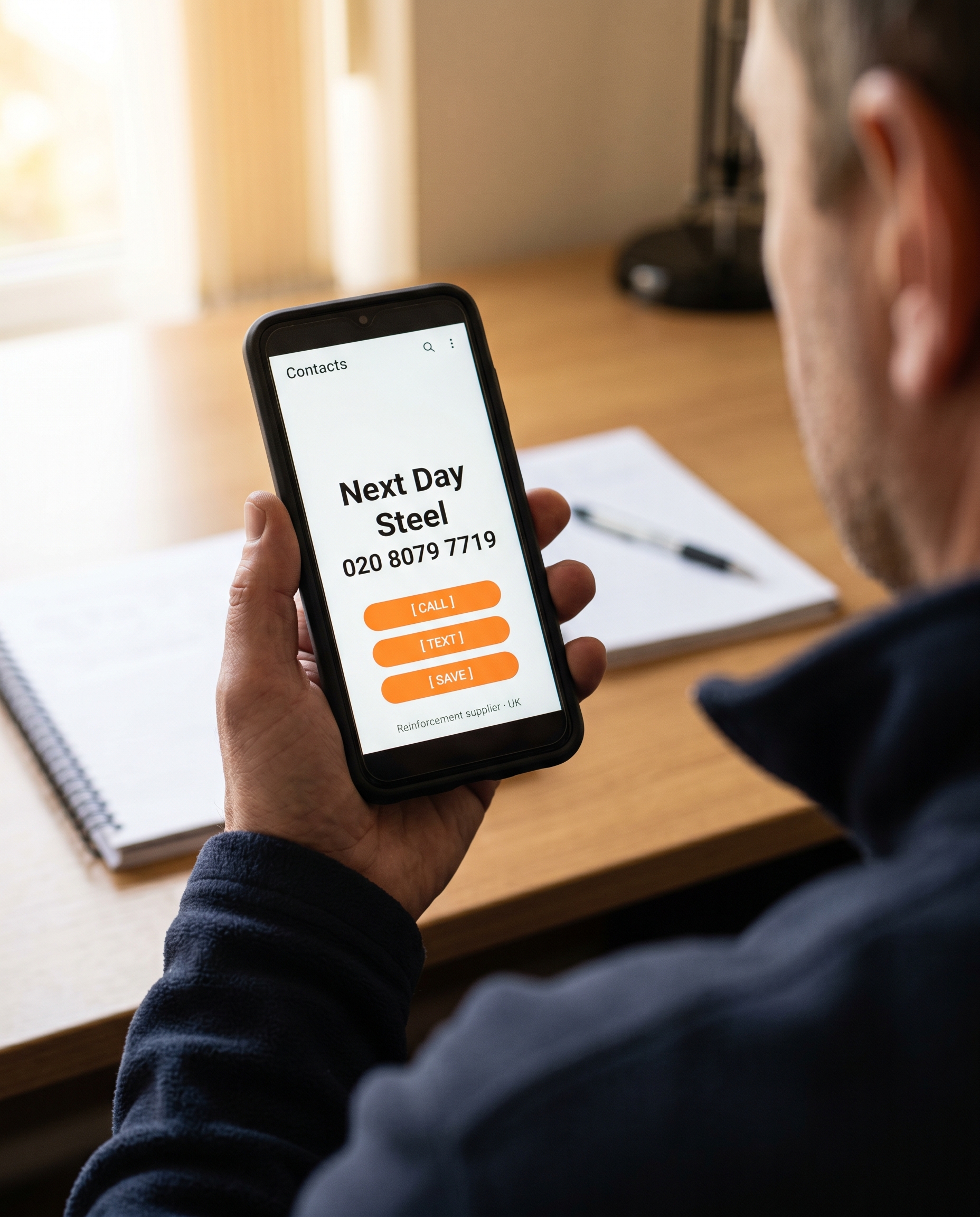 Slide 2 — Hand holding phone with Next Day Steel contact saved